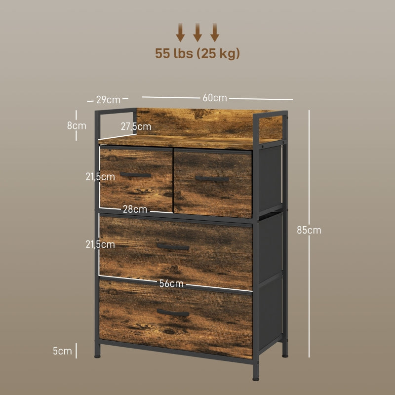 Chest of Drawers Sideboard, 4 Fabric Drawers, Industrial, Brown/Black