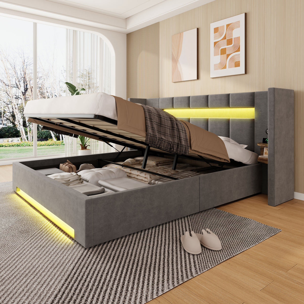 Multifunctional Bed Frame 180x200cm with Storage & LED, Velvet