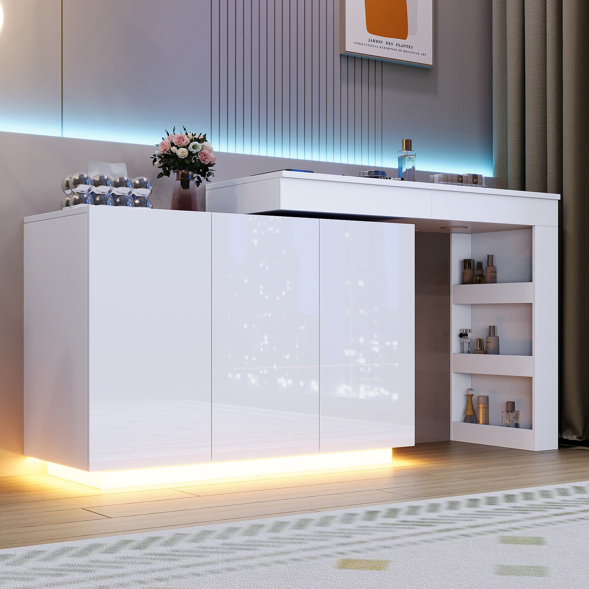 L-Shaped Rotating Vanity Table with LED Lighting, High-Gloss White
