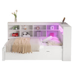 Solid Wood Sofa, 140x200cm Double Bed with Drawers, USB, LED, Shelves, White