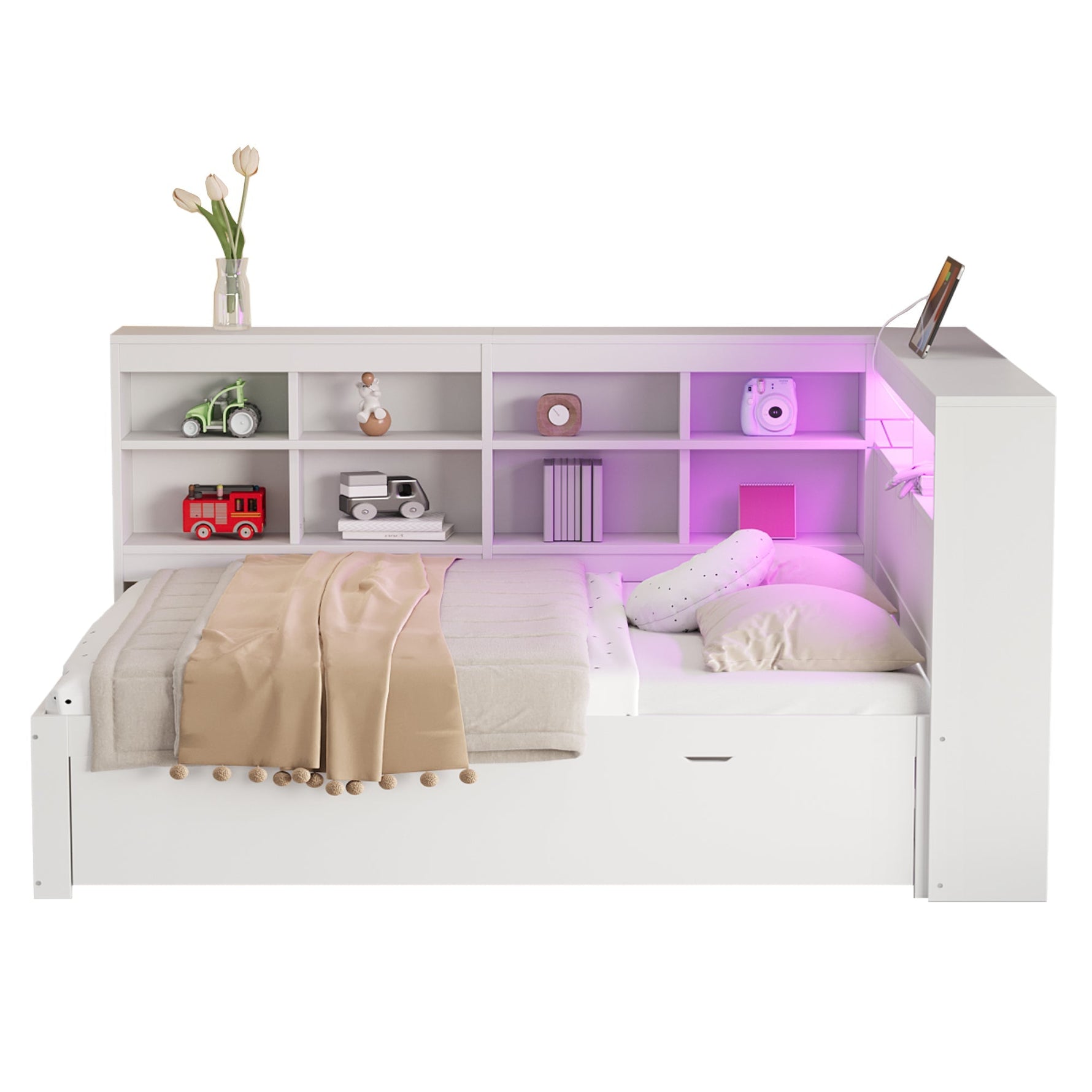 Solid Wood Sofa, 140x200cm Double Bed with Drawers, USB, LED, Shelves, White