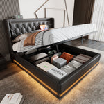 Upholstered Double Bed, 140x200cm Hydraulic Storage with USB Type-C Charging & 3-Sided LED, Black PU