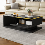Coffee Table 90cm Long, High-Gloss Black with Glass & LED
