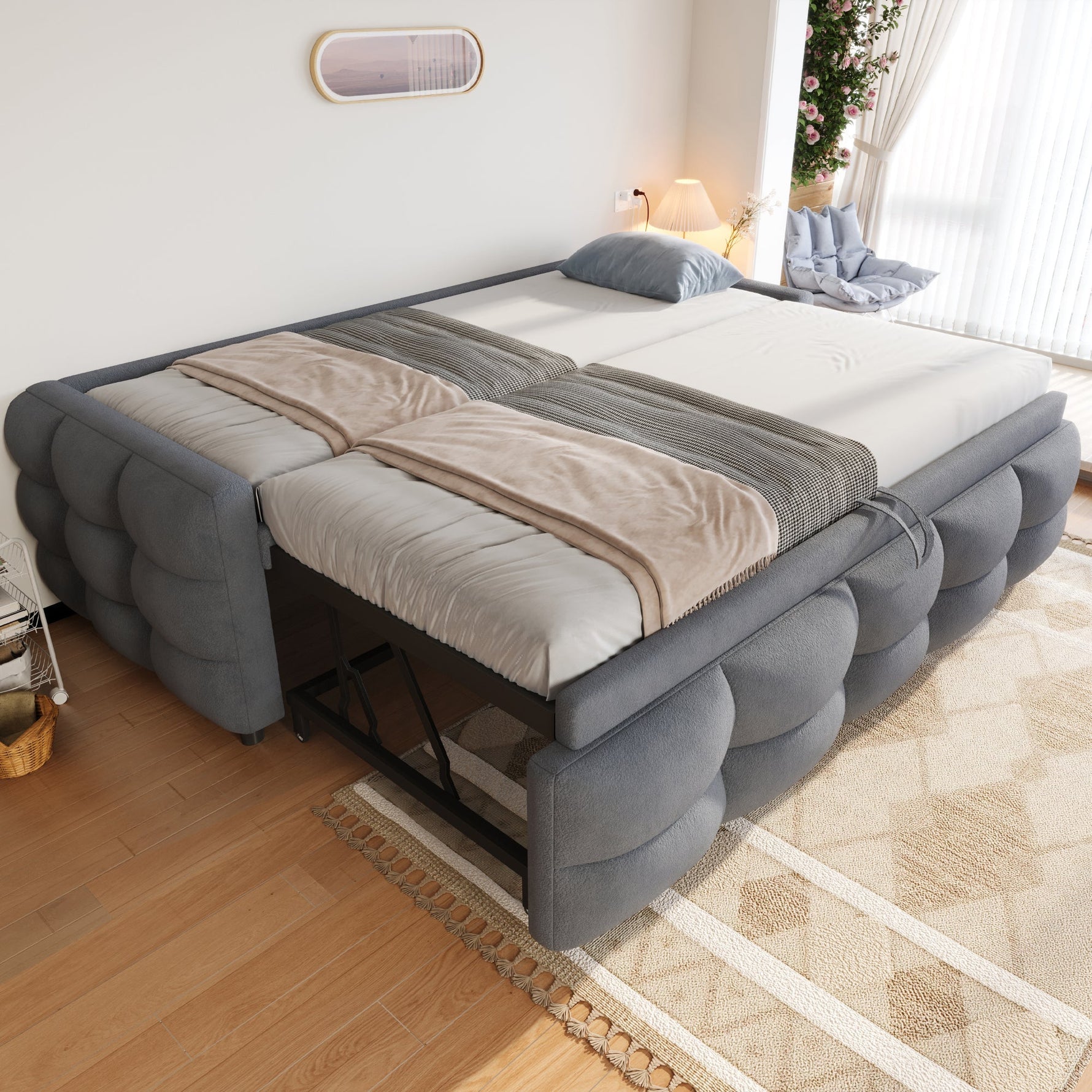 Extendable Upholstered Sofa Bed with Slatted Base and Teddy Velvet Fabric, Grey