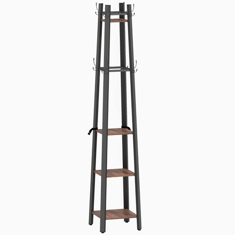 Coat Rack, 4-Tier Freestanding with 8 Hooks and 4 Shelves, Industrial Style, Brown