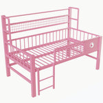 Low Loft Bed with Storage Compartments, 90x200cm, Pink Metal Frame