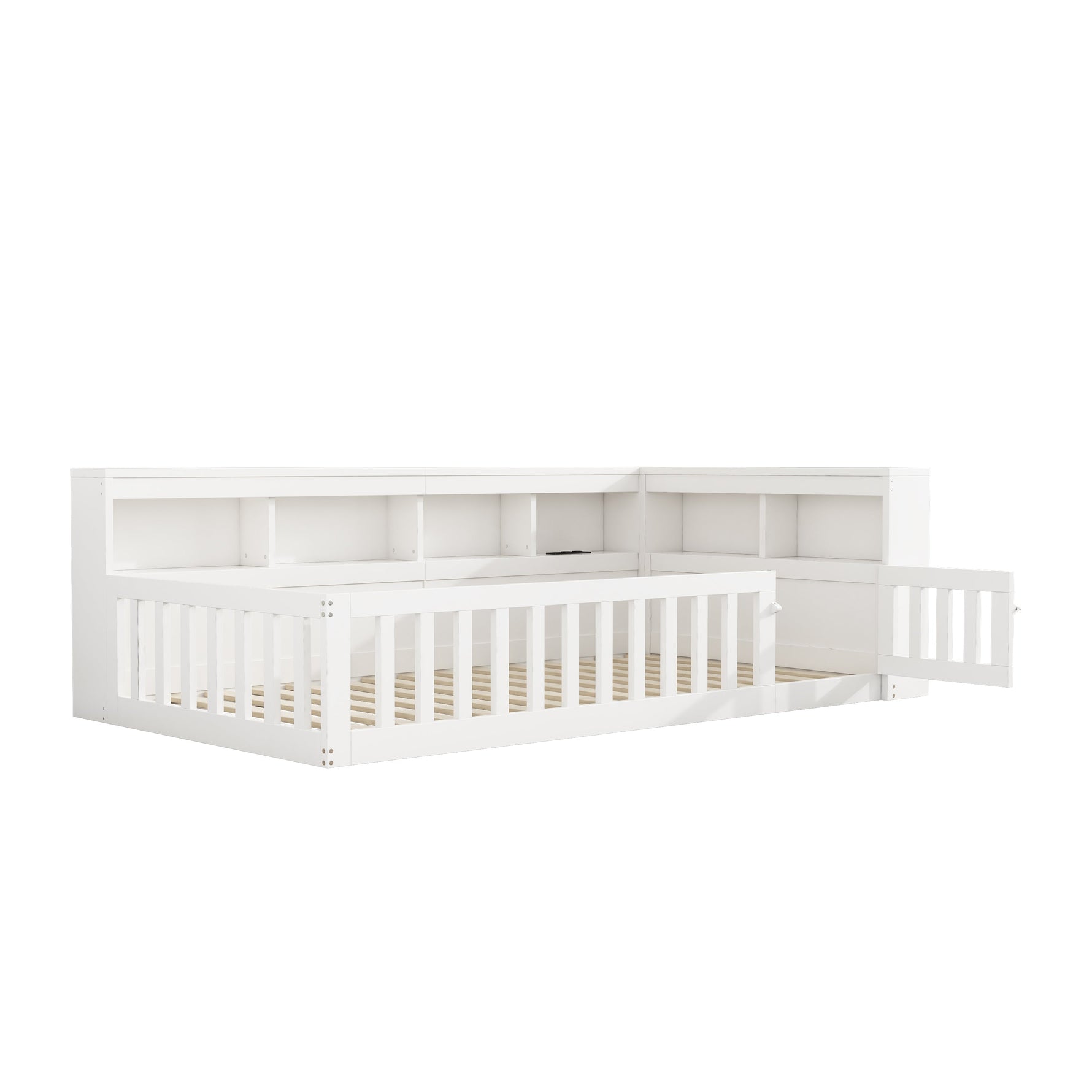Daybed with Storage Compartment, USB Port and Slatted Base, White Chipboard