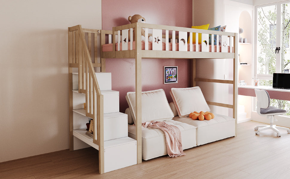 Children's Loft Bed 90*200, Storage Climbing Ladder & Safety Rails, Solid Wood