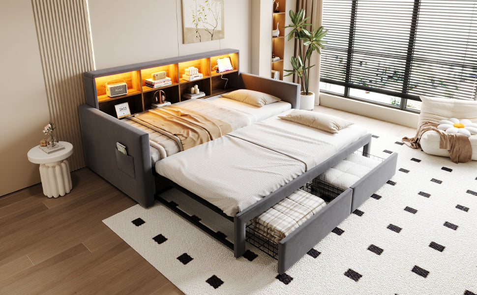 Extendable Upholstered Sofa Bed with Storage Headboard, LED Lights and Charging Ports, Dark Grey Velvet