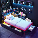 Gaming-Style Metal Bed Frame with 3 Drawers, LED Lighting, USB Ports, Pegboard and Side Shelves, Black Metal