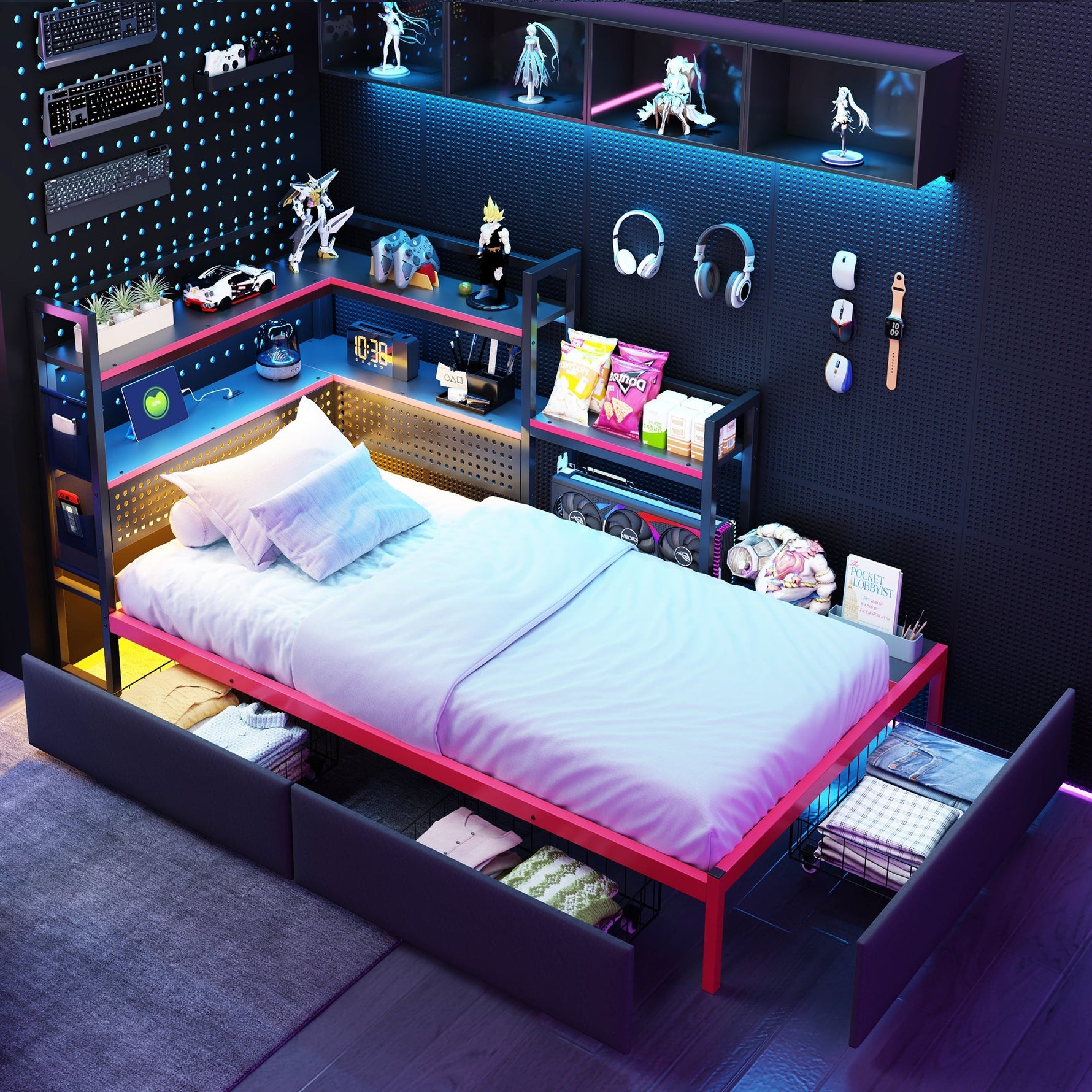 Gaming-Style Metal Bed Frame with 3 Drawers, LED Lighting, USB Ports, Pegboard and Side Shelves, Black Metal