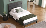 Upholstered Bed, 90x200cm with Slatted Frame & Headboard, Grey Linen