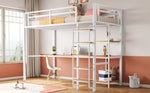 Metal Loft Bed with Safety Ladder, Table & Shelves, White