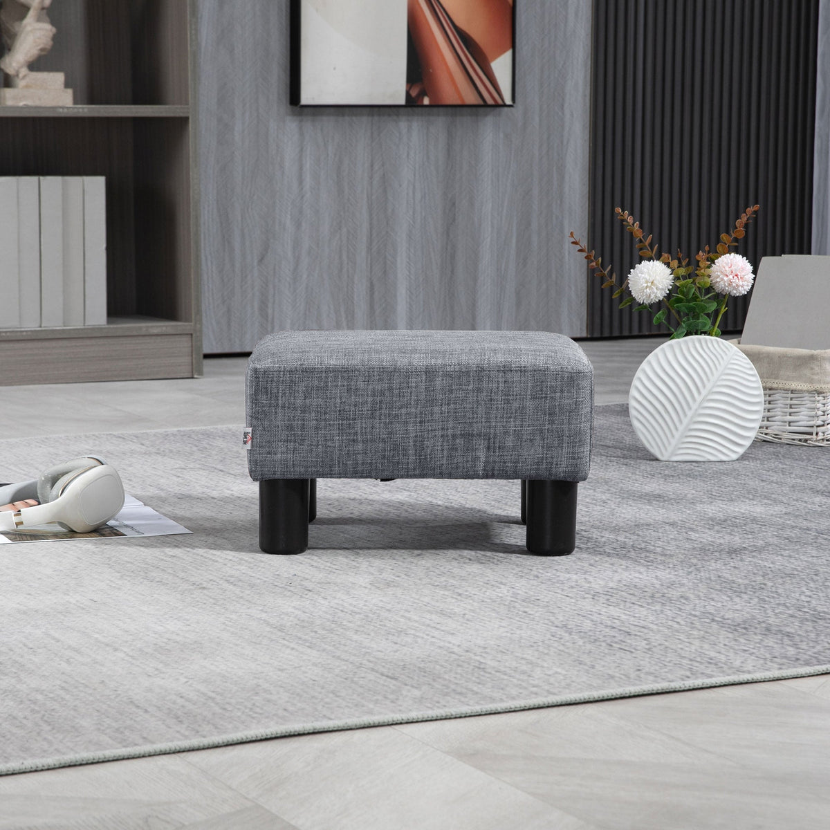Footstool Rectangular Ottoman Upholstered Linen 150kg Capacity, Grey