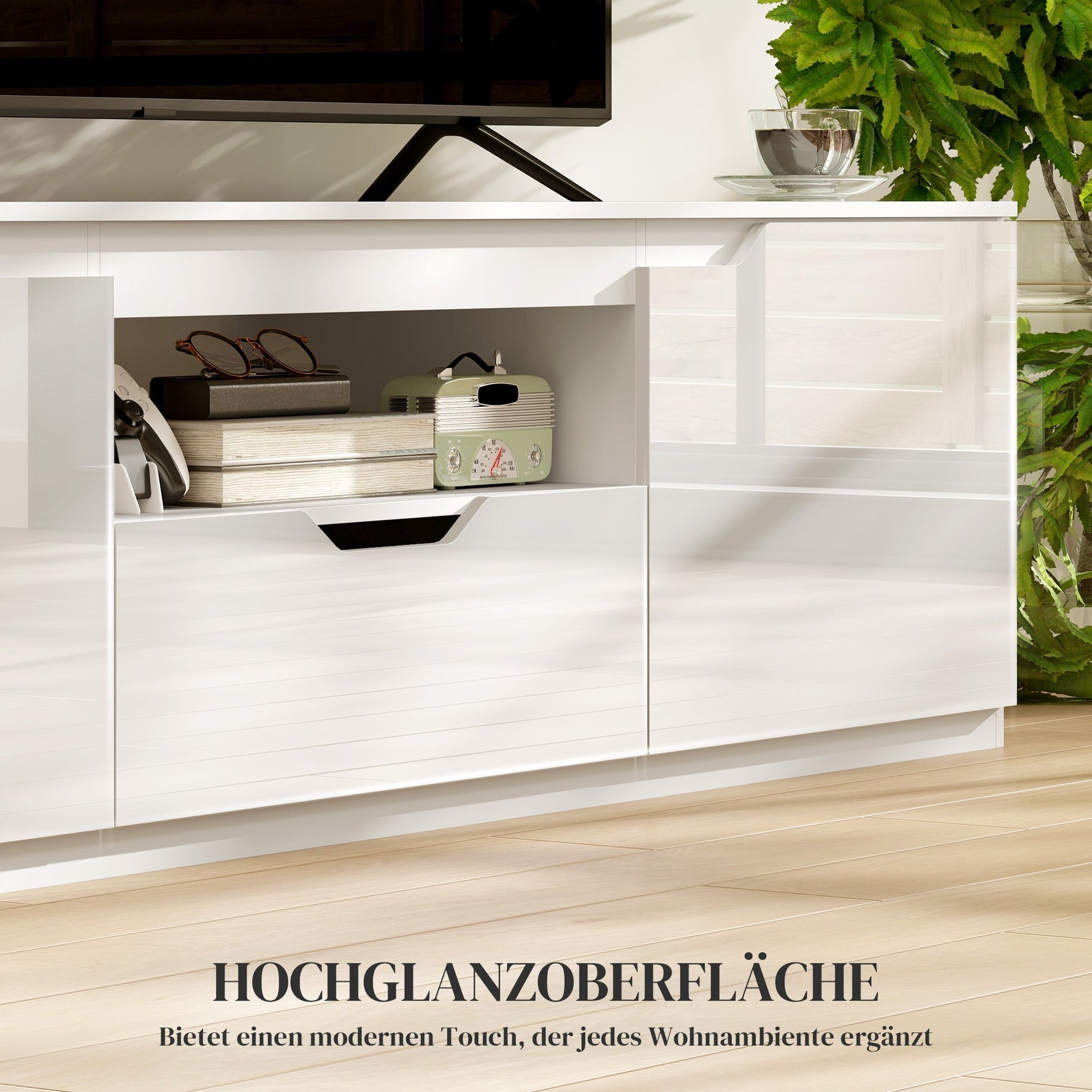 TV Cabinet Lowboard, 2 Doors, Drawer, 160cm, White