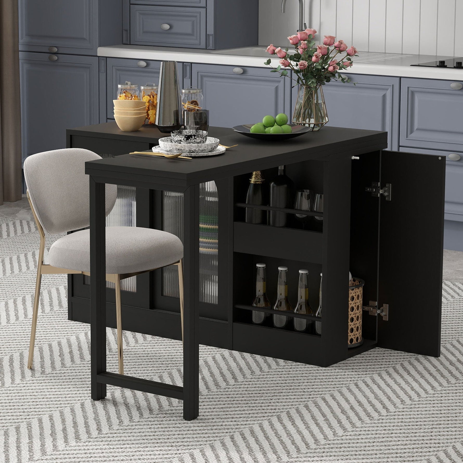 Bar Table, Extendable 360° Rotating with Storage & Glass Cabinet, Black