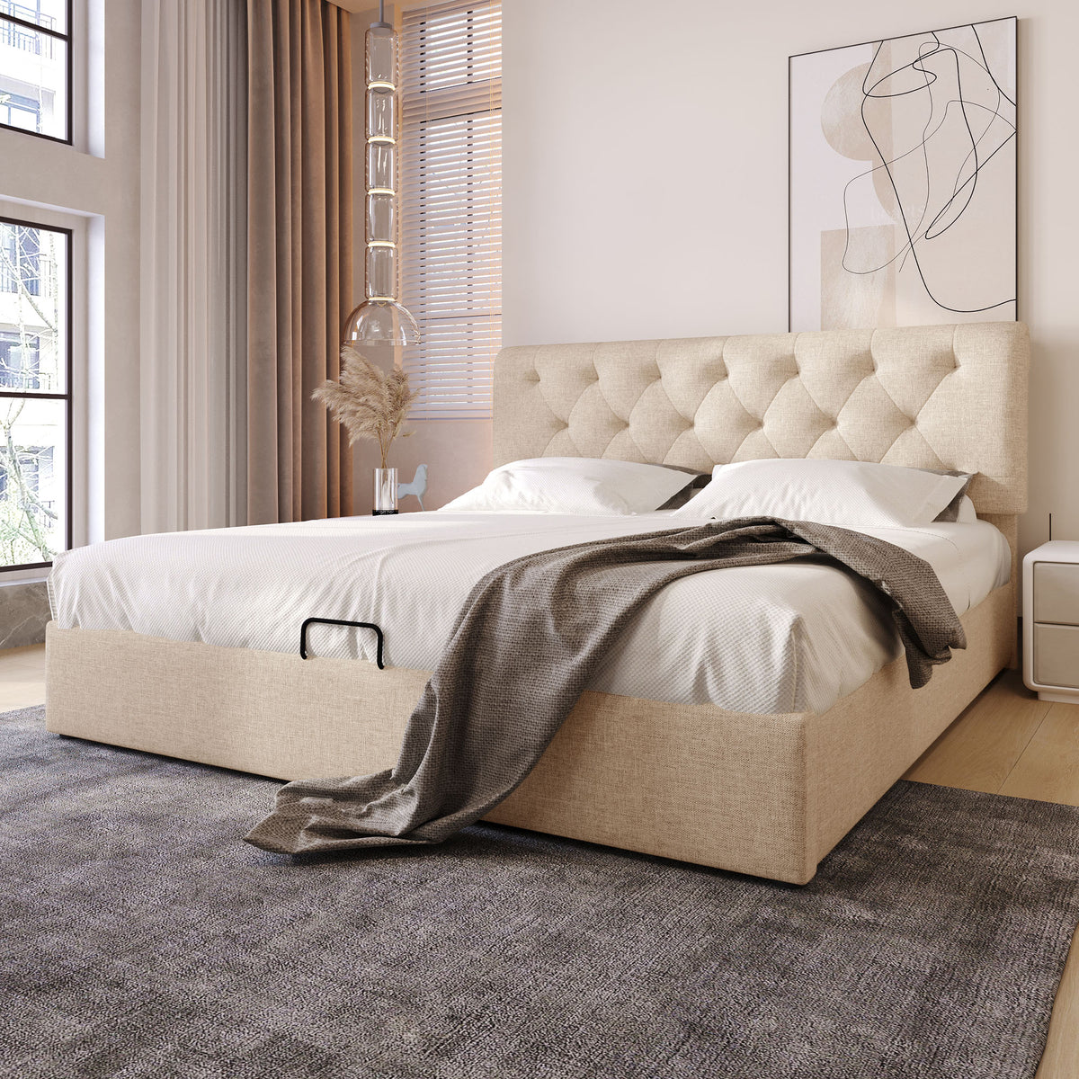 Hydraulic Upholstered Bed 140x200cm with Storage, Natural