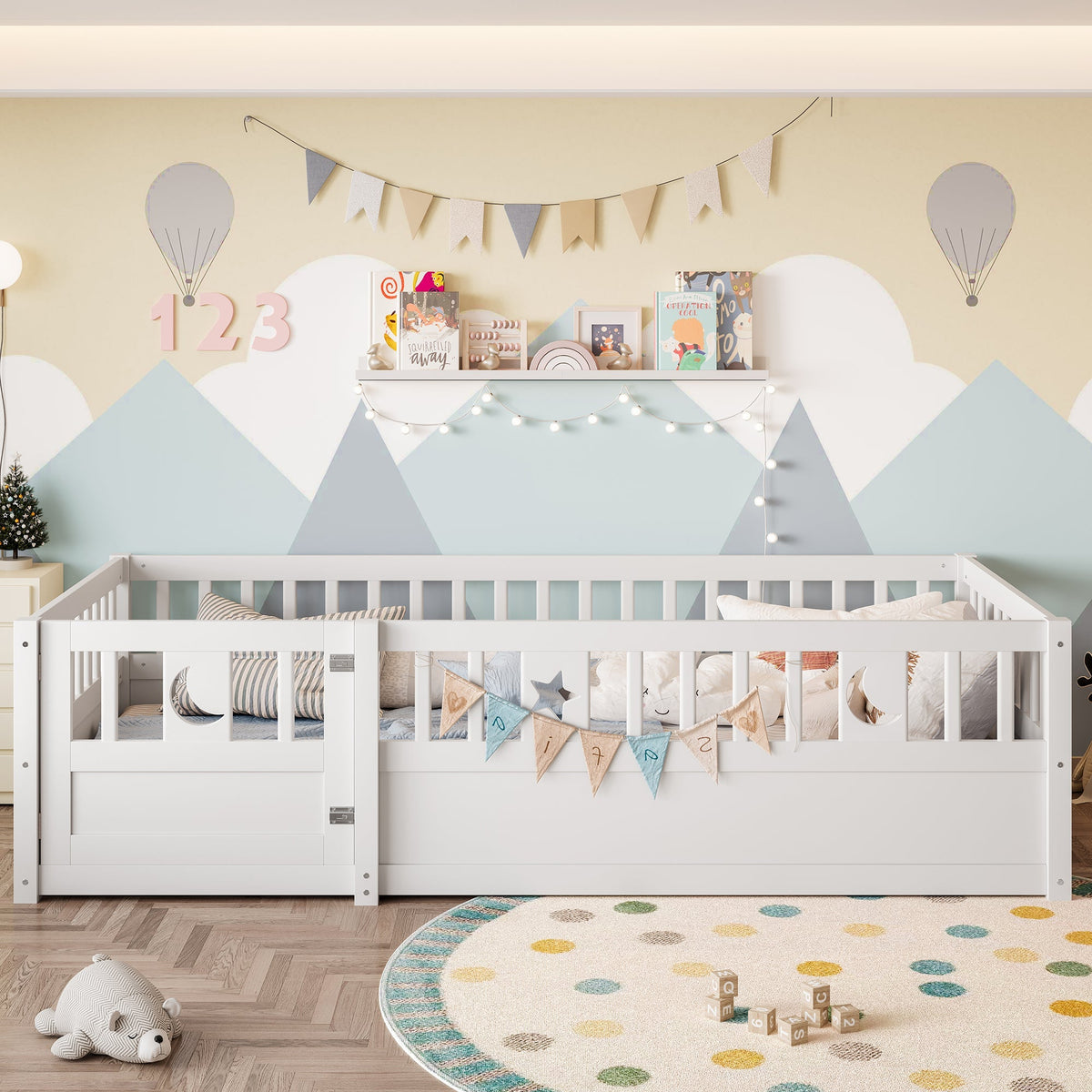 Panel Bed, Children's 90 x 190 cm with Railing Star & Moon Decoration, White