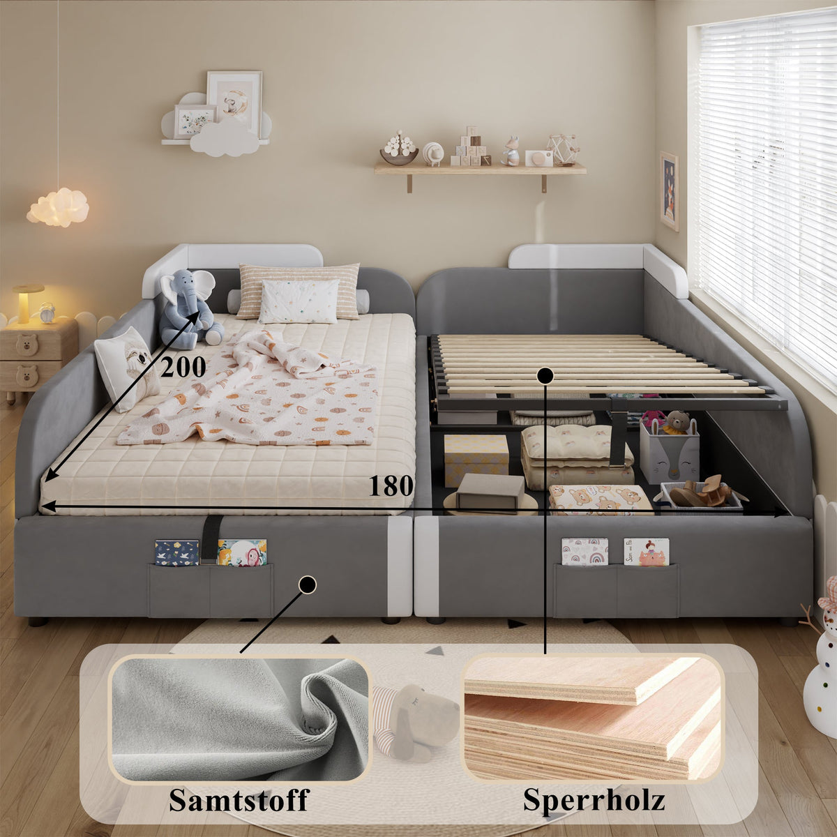 Upholstered Bed, Combined Children's Hydraulic with Storage, Grey Velvet & Plywood