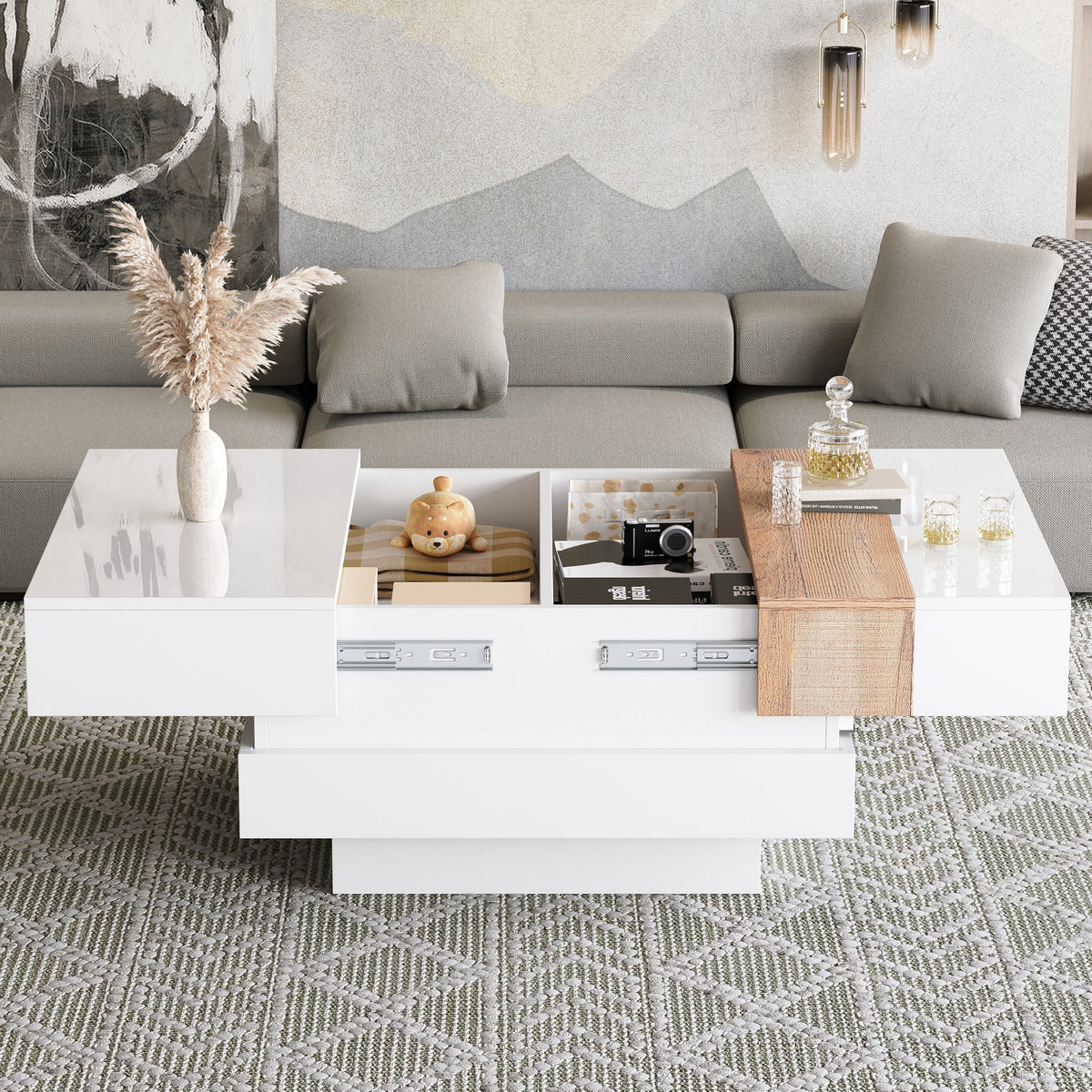 Coffee Table, Square with Extendable Top & Hidden Storage, White High Gloss