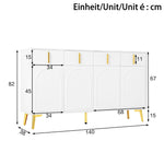 Sideboard, 4 Doors 4 Drawers, Gold Handles Legs, White MDF