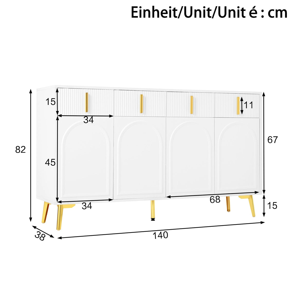 Sideboard, 4 Doors 4 Drawers, Gold Handles Legs, White MDF