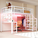 Metal Loft Bed with Storage Ladder, Wardrobe, Table and LED, 140x200cm, White Metal