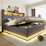 LED upholstered bed with USB and hydraulic storage, linen grey