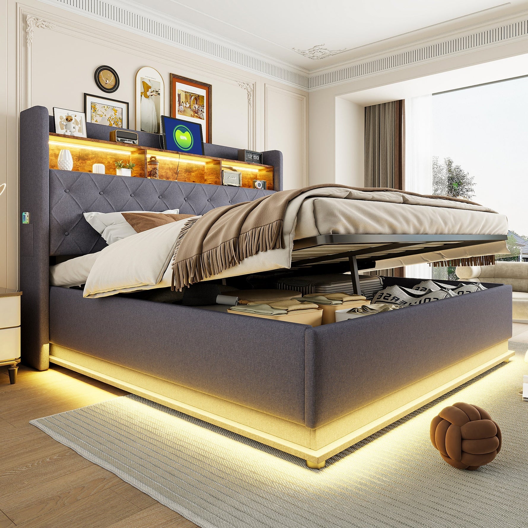 LED upholstered bed with USB and hydraulic storage, linen grey