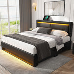 Upholstered Bed 140x190cm LED Light USB Charging 4 Storage Drawers Lychee PU Black