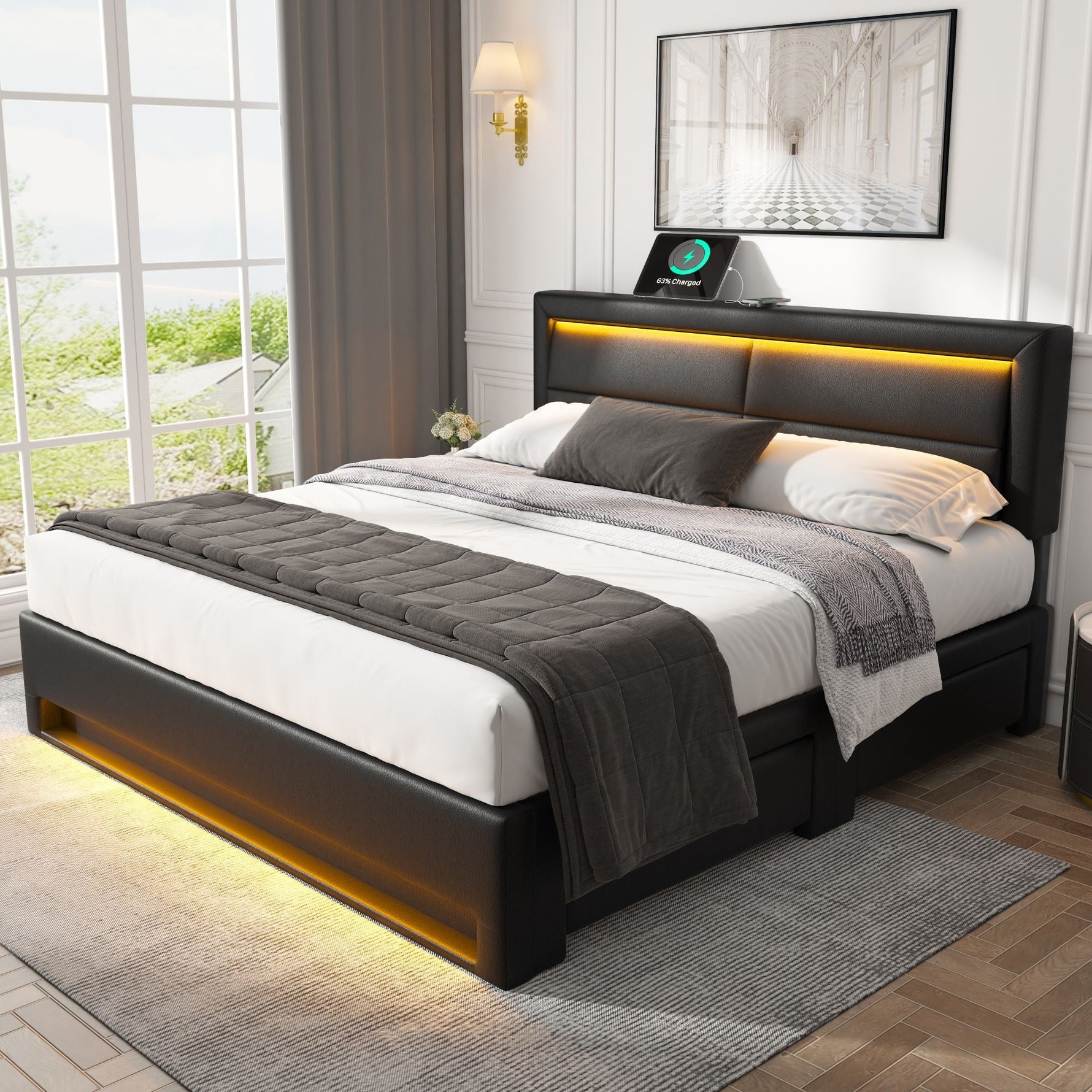 Upholstered Bed 140x190cm LED Light USB Charging 4 Storage Drawers Lychee PU Black