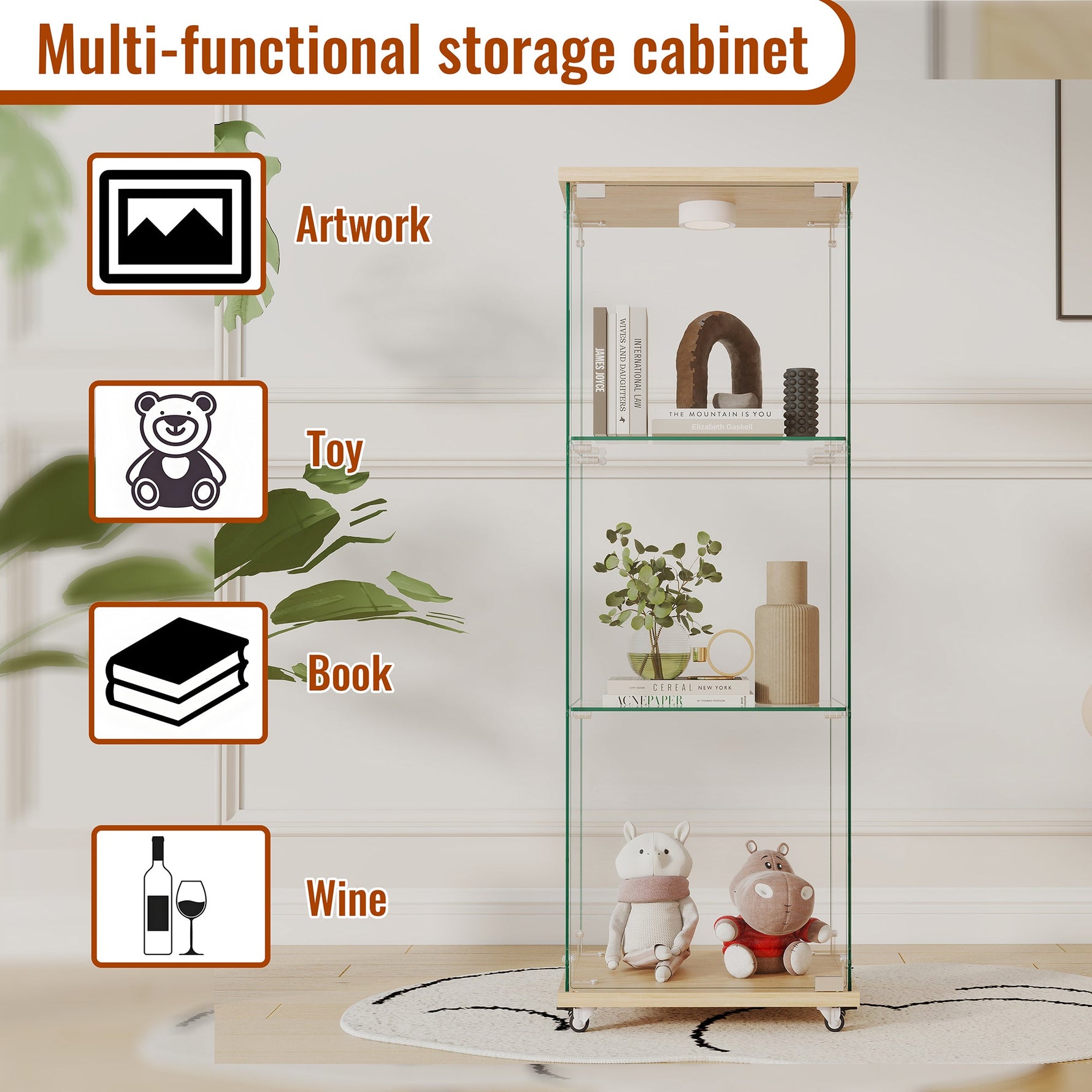 Display Cabinet Modern LED Tempered Glass Single Door 3-Tier - Natural Wood Look