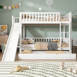 Bunk Bed with Trundle, Slide & Shelves, Pine + MDF White