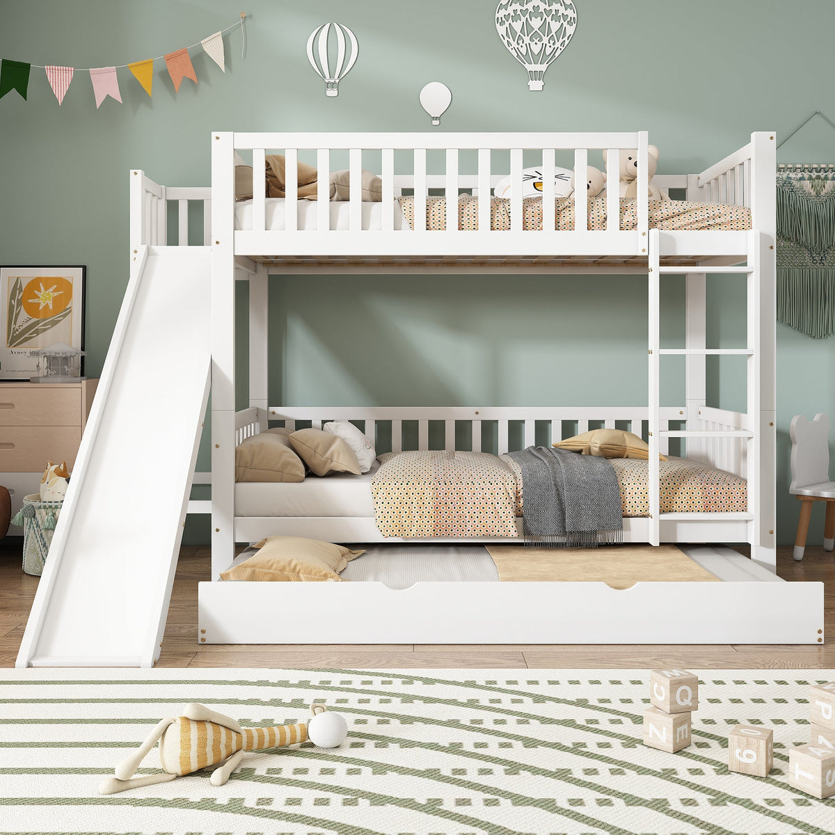 Bunk Bed with Trundle, Slide & Shelves, Pine + MDF White
