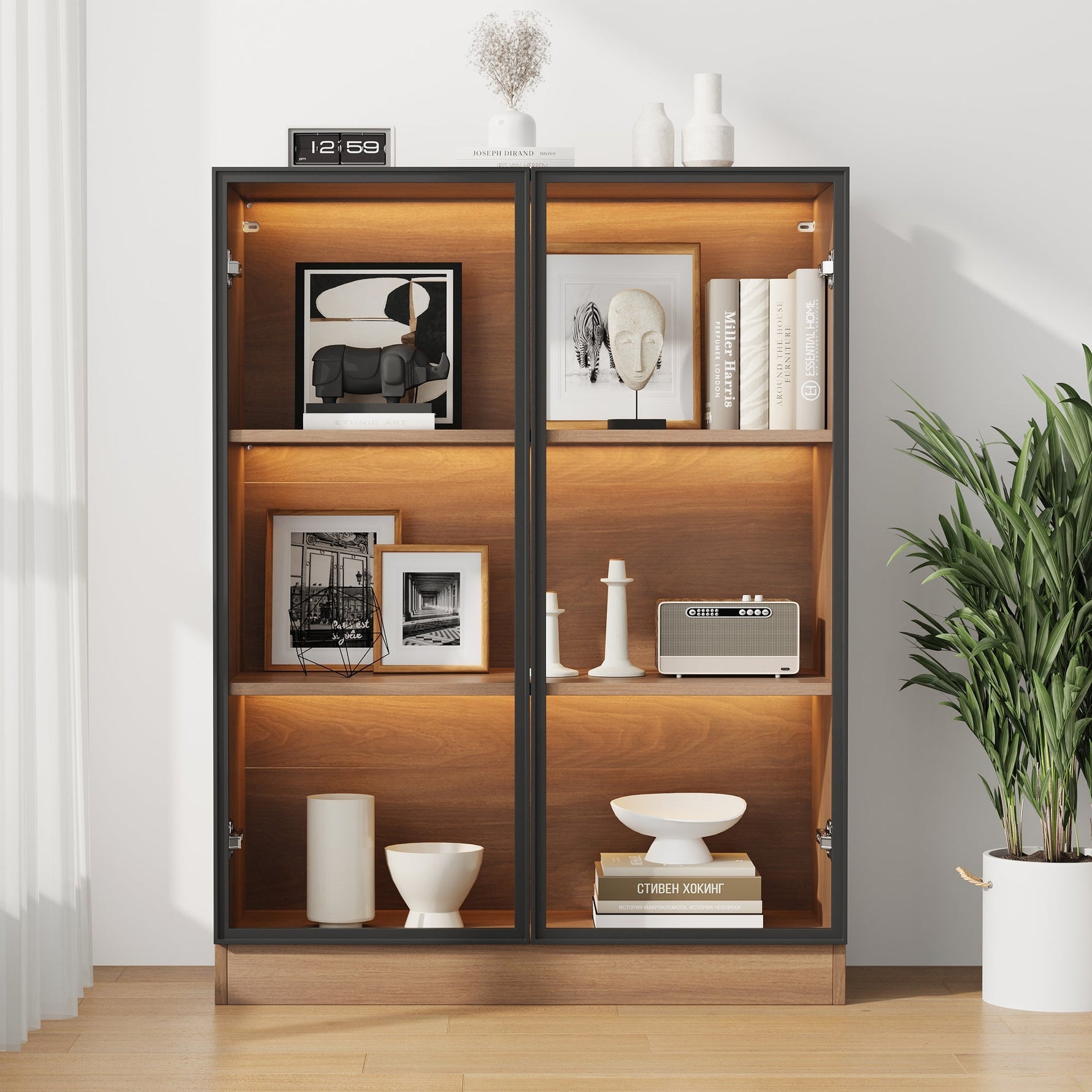 Glass Display Cabinet Collector's Stand LED Light 3-Tier Shelves Natural