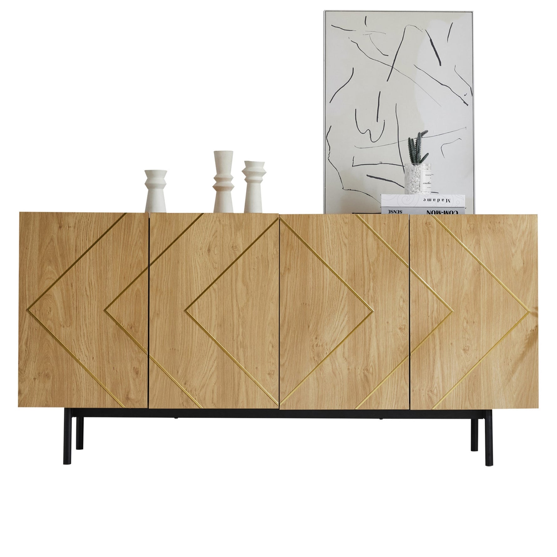 Sideboard living room buffet cabinet with 4 doors and metal inlay natural wood