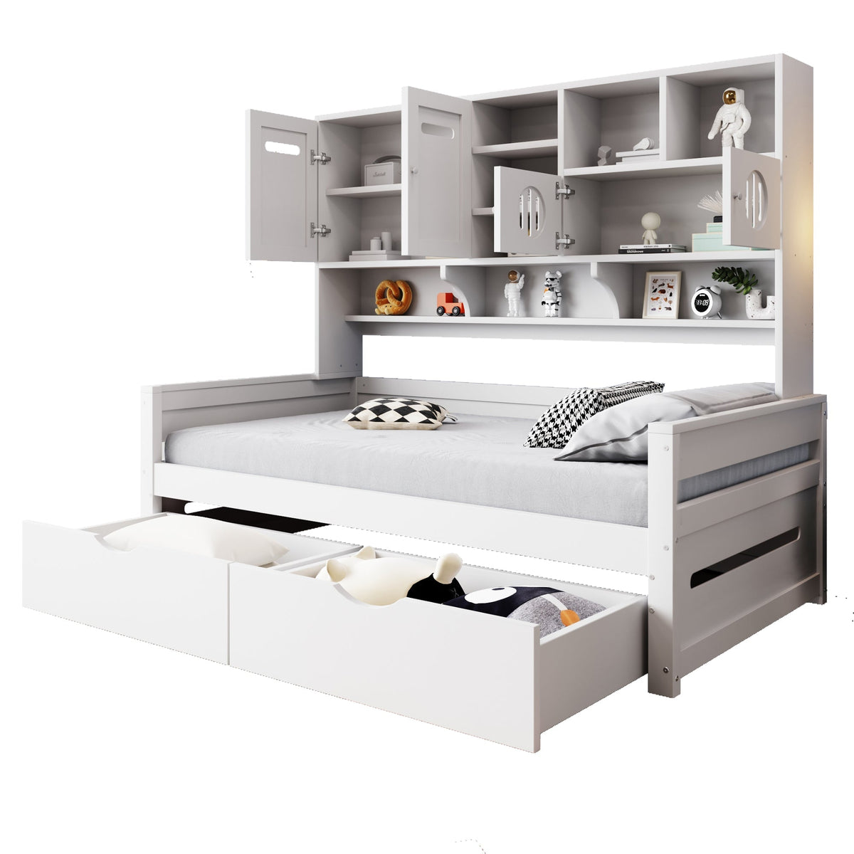 Wooden Sofa Bed, 90x200cm Multifunctional with Large Drawer & Slatted Frame, White