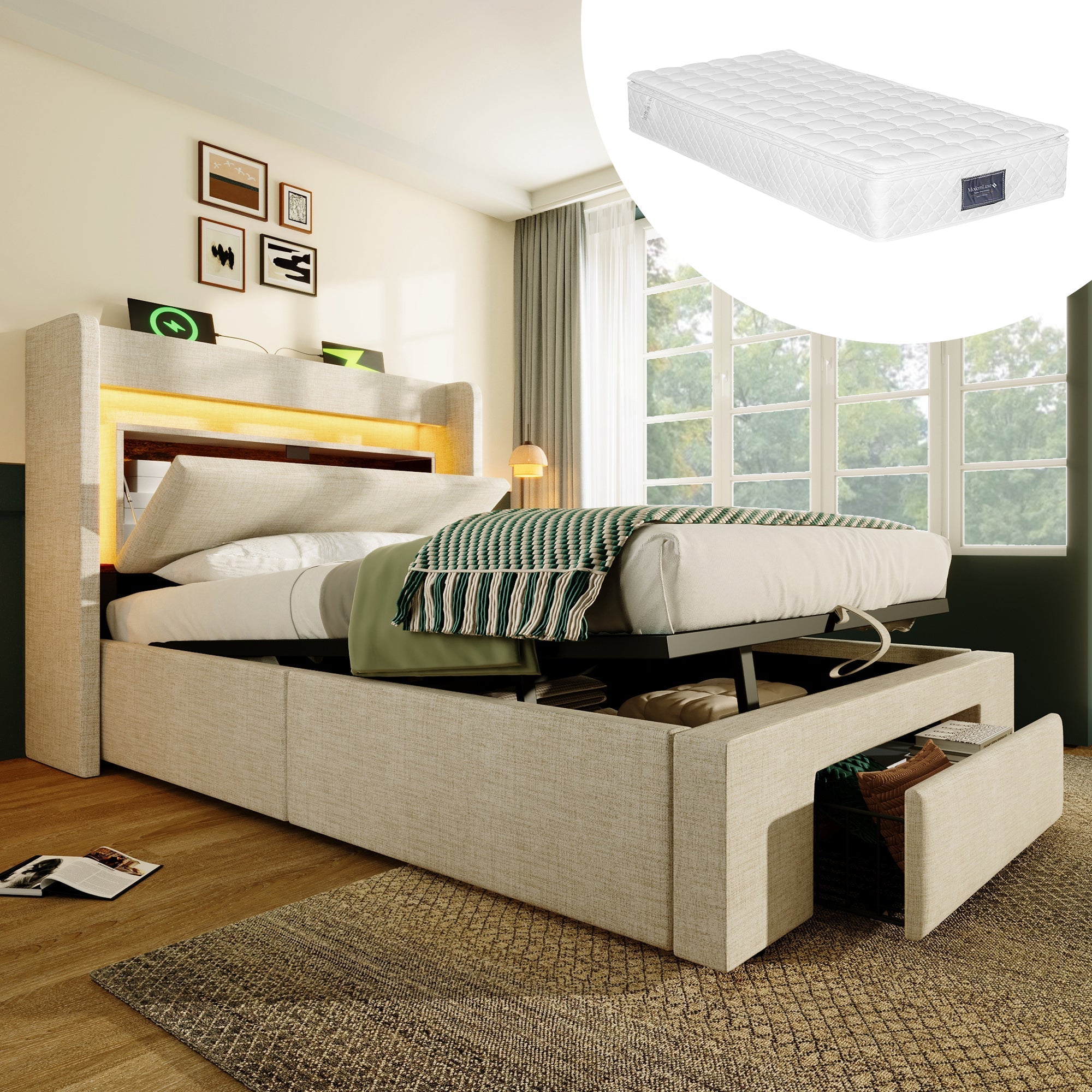 Upholstered Bed with Hydraulic Storage and LED Headboard, 90x200 cm with Mattress, Beige Linen