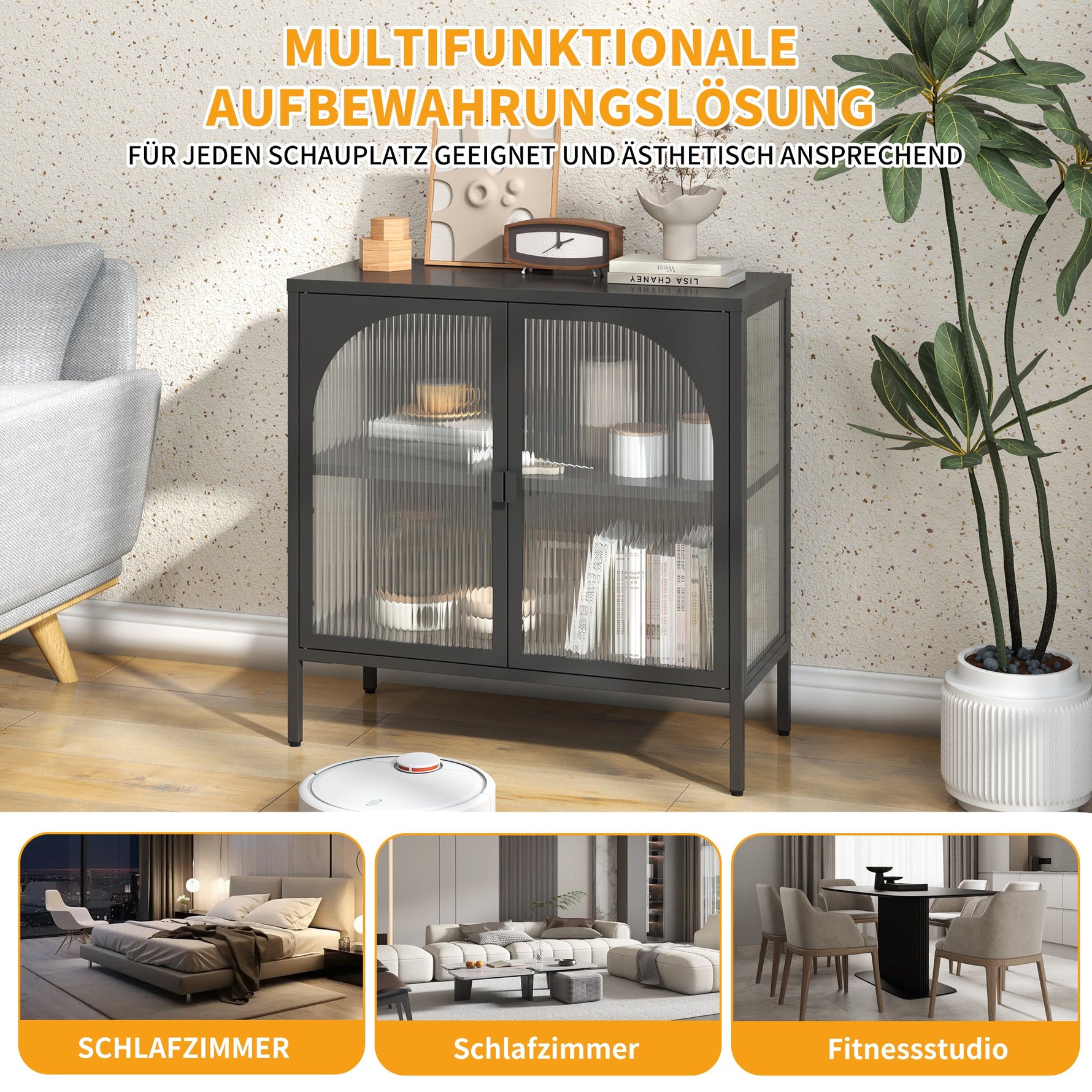 Metal Sideboard Cabinet, 2 Glass Doors Adjustable Shelves H80xW80xD35cm, Iron-Containing