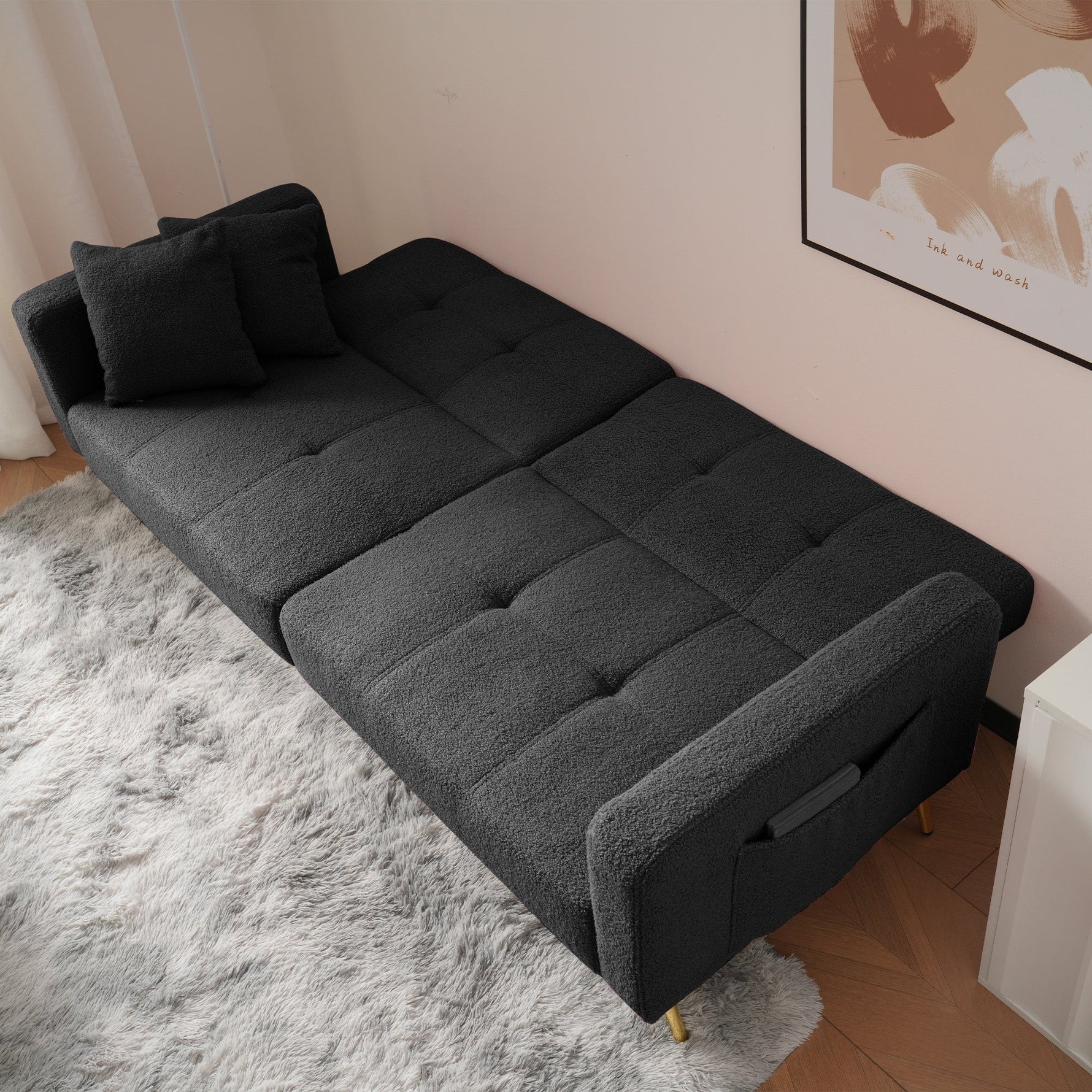 Sofa Bed, Adjustable Angle with Cushions & Storage Pockets, Golden Legs