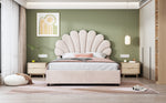 Upholstered Bed 140x200cm Floral Headboard Hydraulic Storage, Beige Velvet