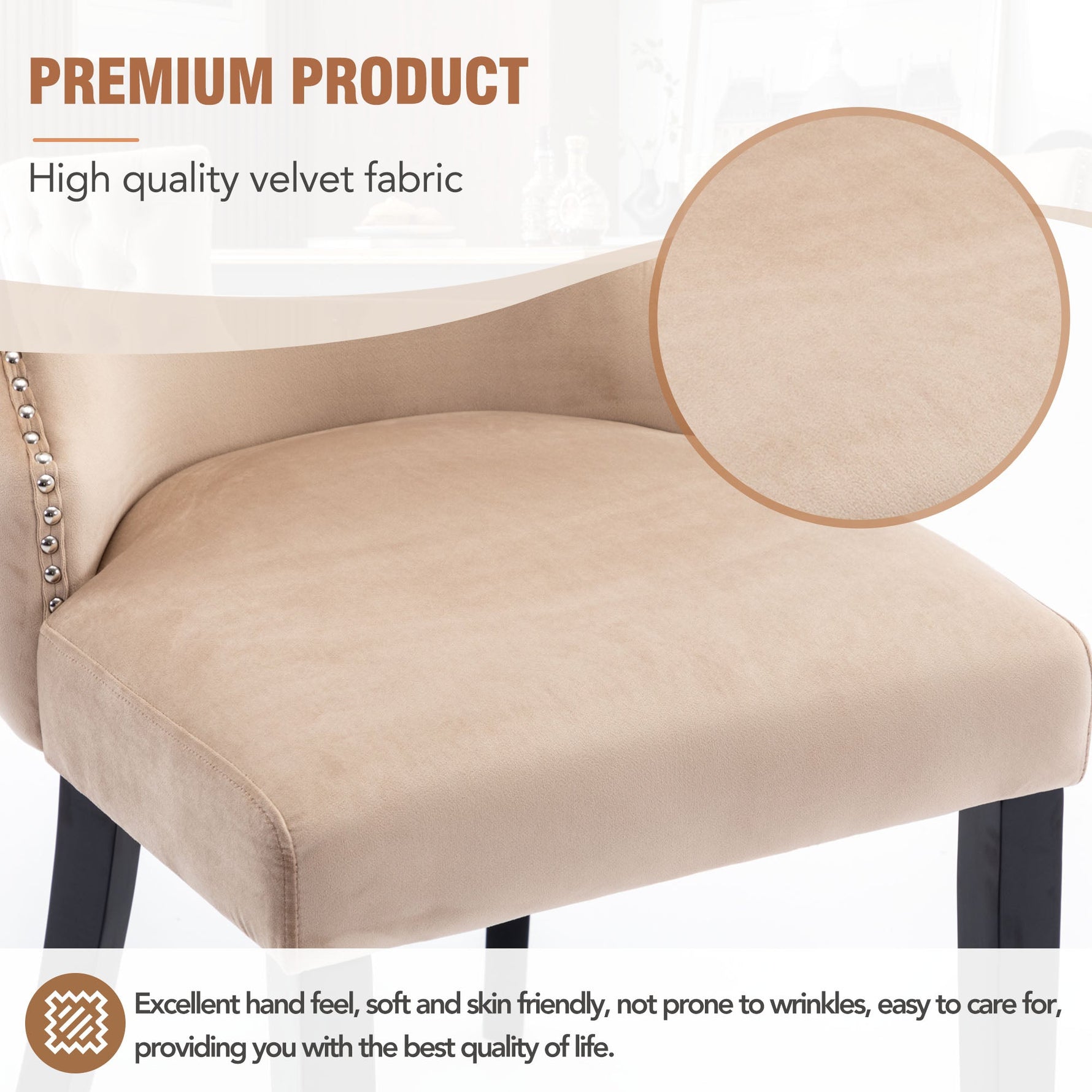 Dining Chair Set of 2 Button Tufting Solid Wood Frame Beige Velvet