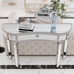 Half-Moon Mirrored Console Table with Fluted Glass and Crystal Knob Drawer, Grey and Silver