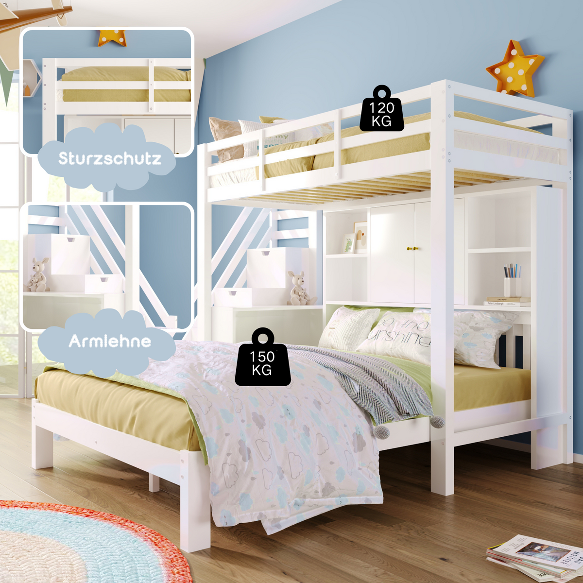 Children's Bunk Bed with Storage Stairs and Movable Side Table, 90x200cm and 140x200cm, White
