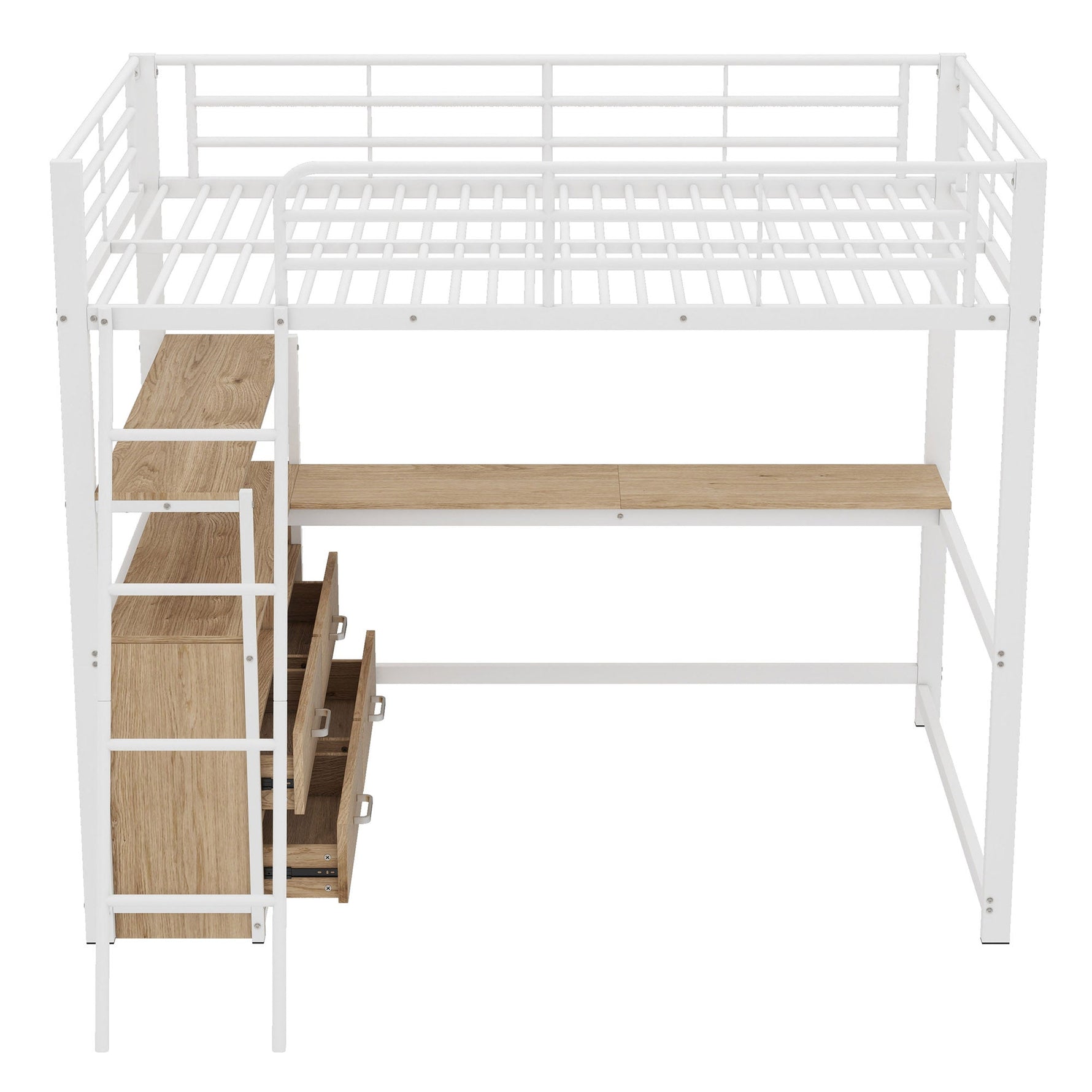 Loft Bed with L-Shaped Desk and Storage Drawers, White Metal Frame