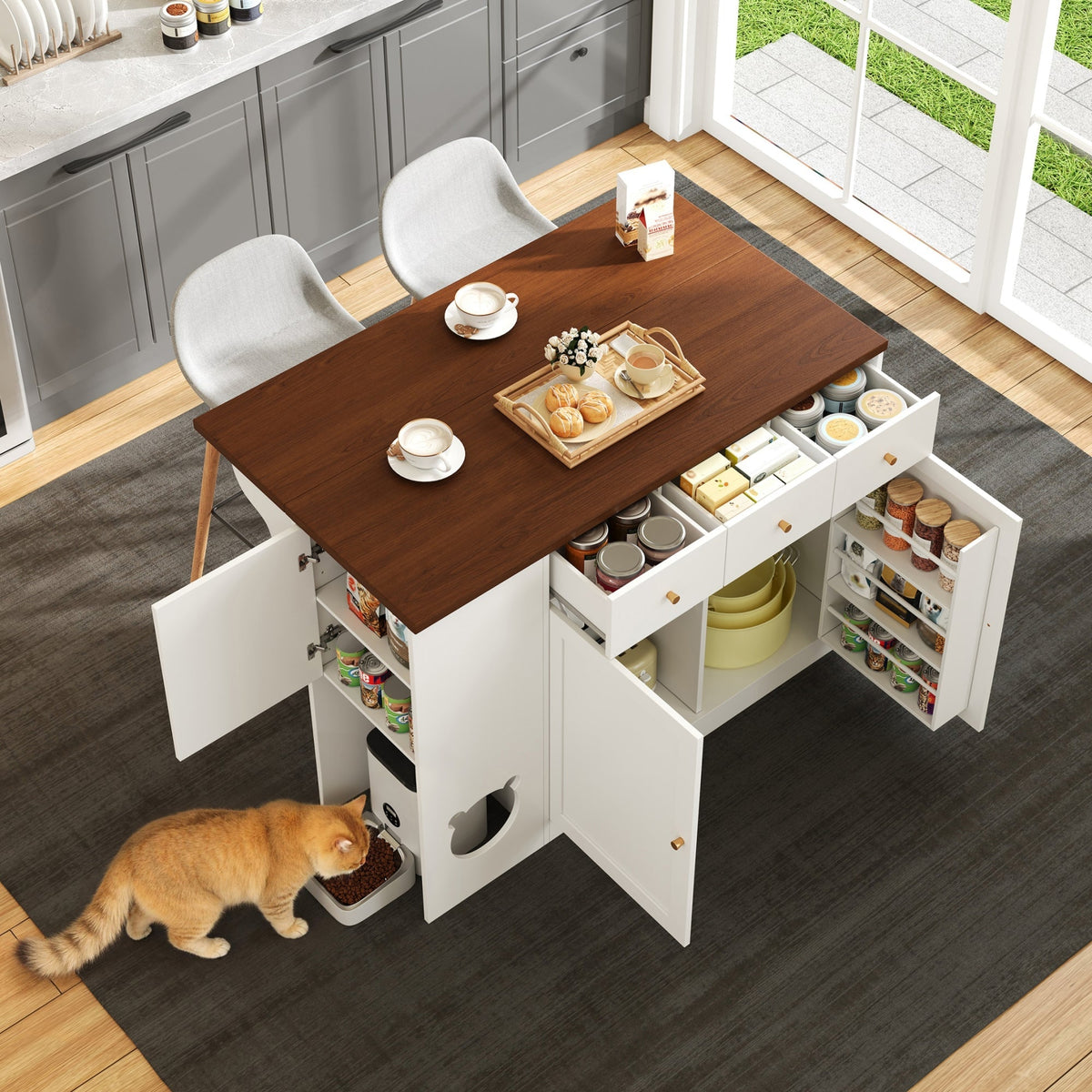 Kitchen Island Trolley Sideboard Drawers Pull-Out Worktop, White + Walnut Color
