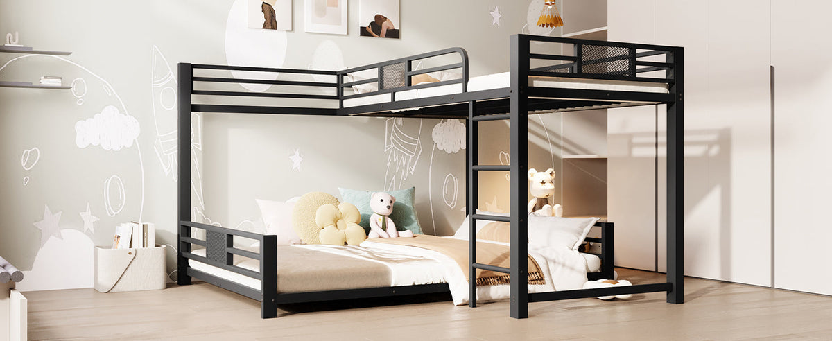 L-shaped Bunk Bed 90x200 over 140x200, Metal, Black