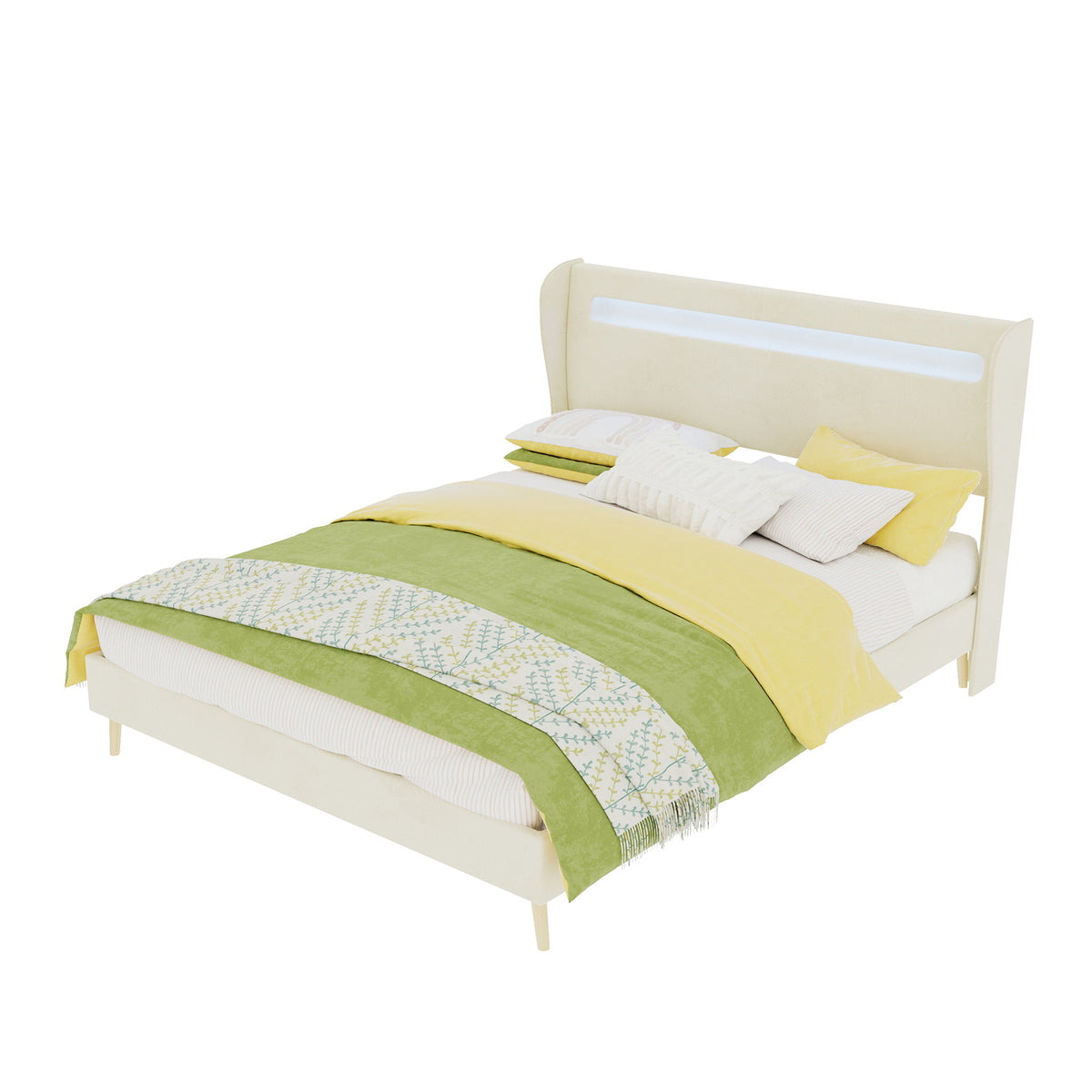 Upholstered Bed with LED Headboard & Mattress 140x200 cm, Beige