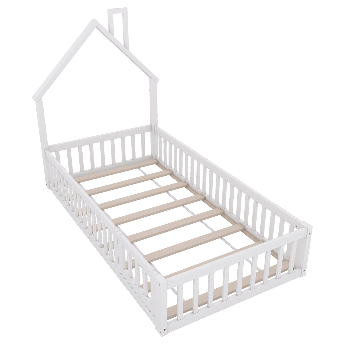 House Bed 90x200cm Chimney Slatted Base - White Pine Wood
