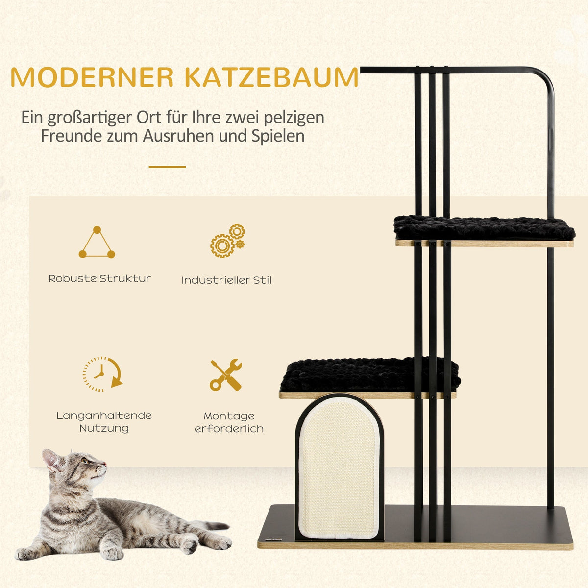 Cat Tree with Cushion, Scratching Board, 2 Platforms, Steel Black